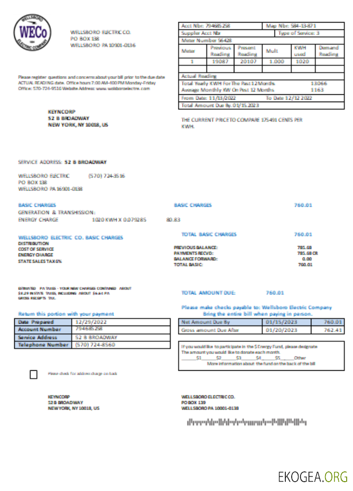 Facture commerciale de service public de Wellsboro Electric Co, SCR